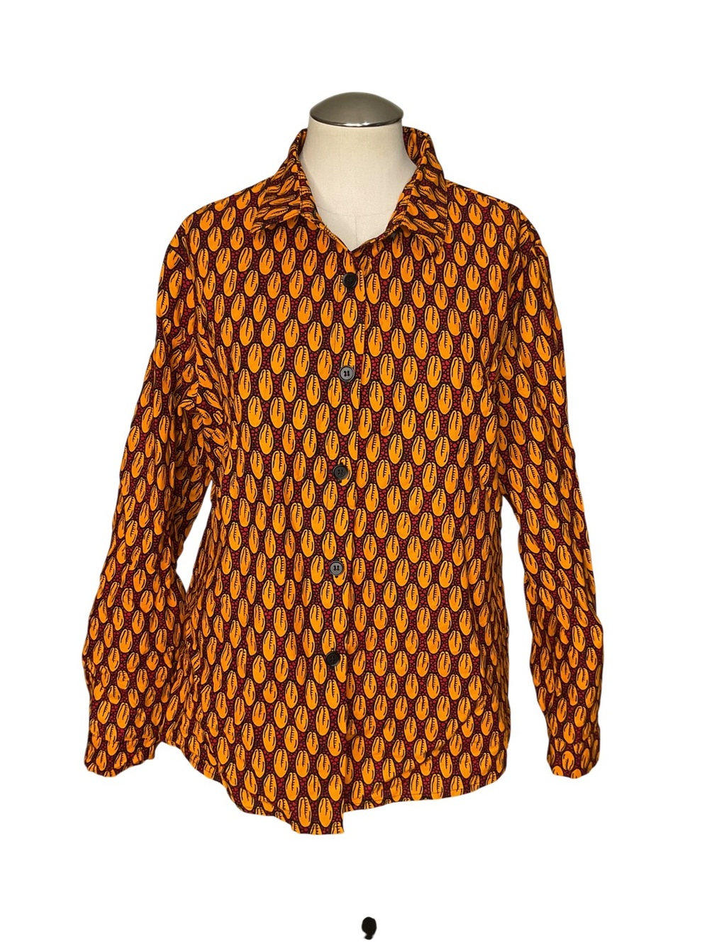 Mae Otti African Print 100% Cotton Button Down Shirt XL Cowrie Shell NWT - Picture 2 of 6